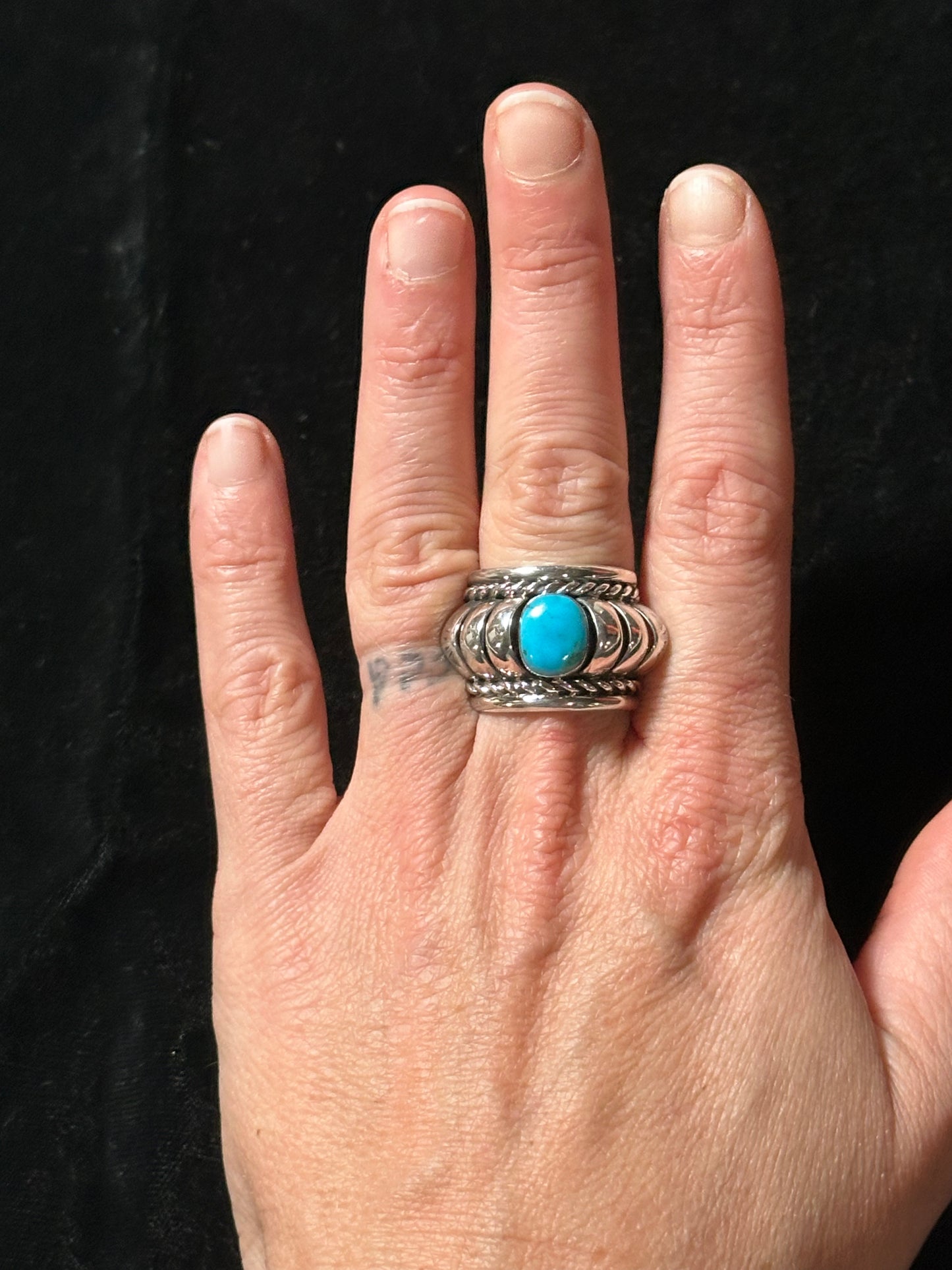 Sterling Silver and Kingman Turquoise Lobster Tail Ring by Manuel Jackson, Navajo