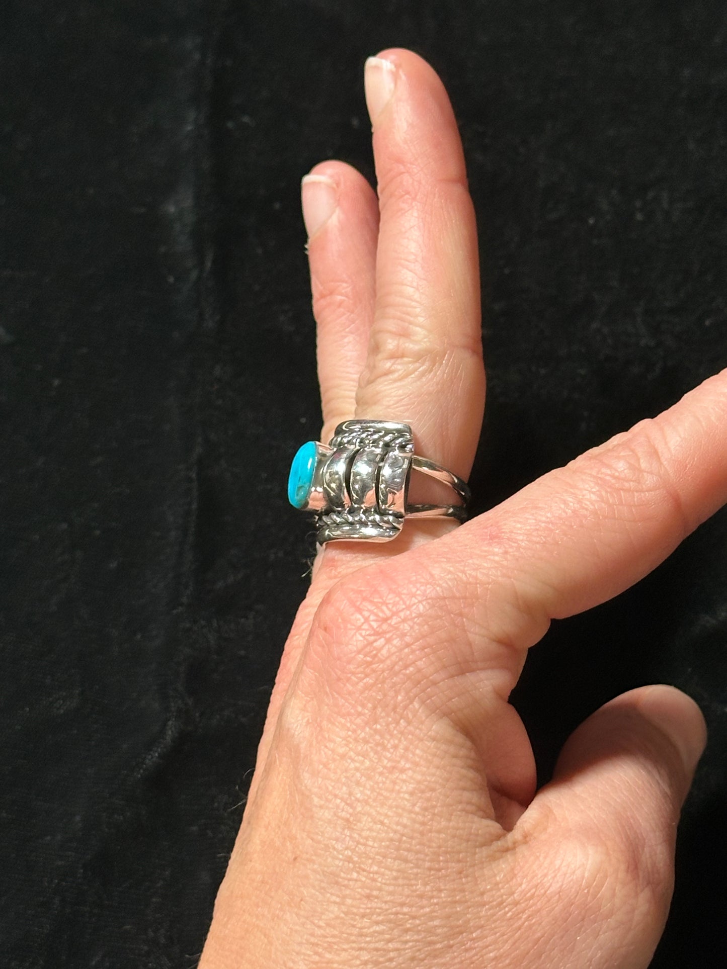 Sterling Silver and Kingman Turquoise Lobster Tail Ring by Manuel Jackson, Navajo