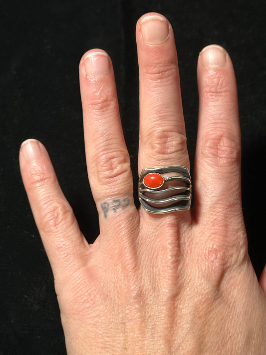 7.0 Abstract Sterling Silver and Red Coral Ring