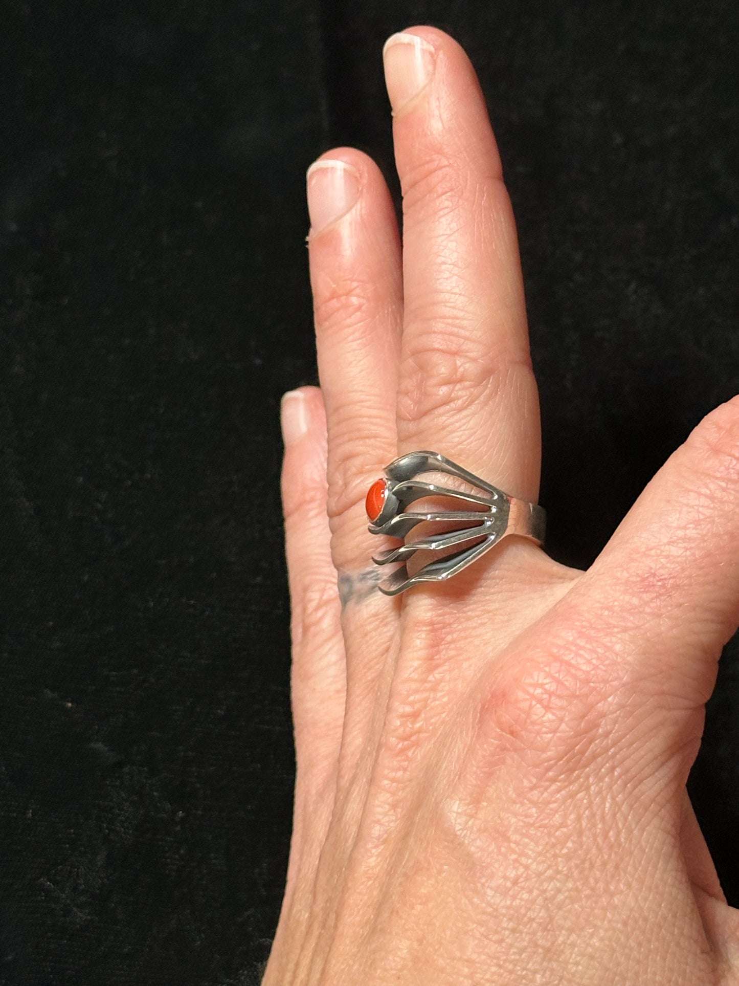 7.0 Abstract Sterling Silver and Red Coral Ring
