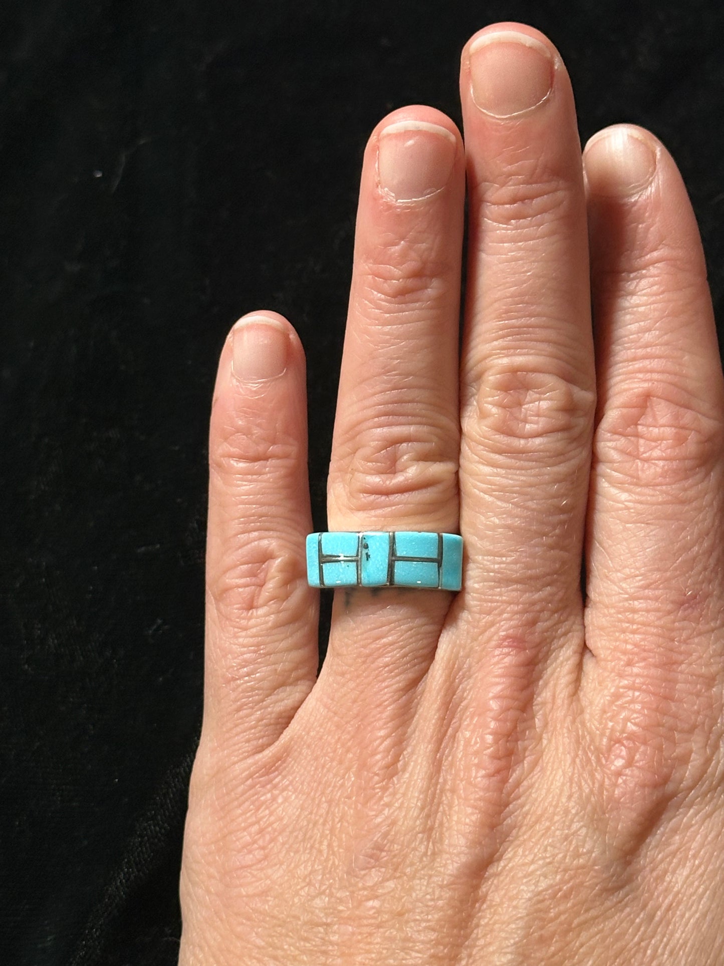 Sleeping Beauty Turquoise Inlay Ring by Verna Kanesta, Zuni