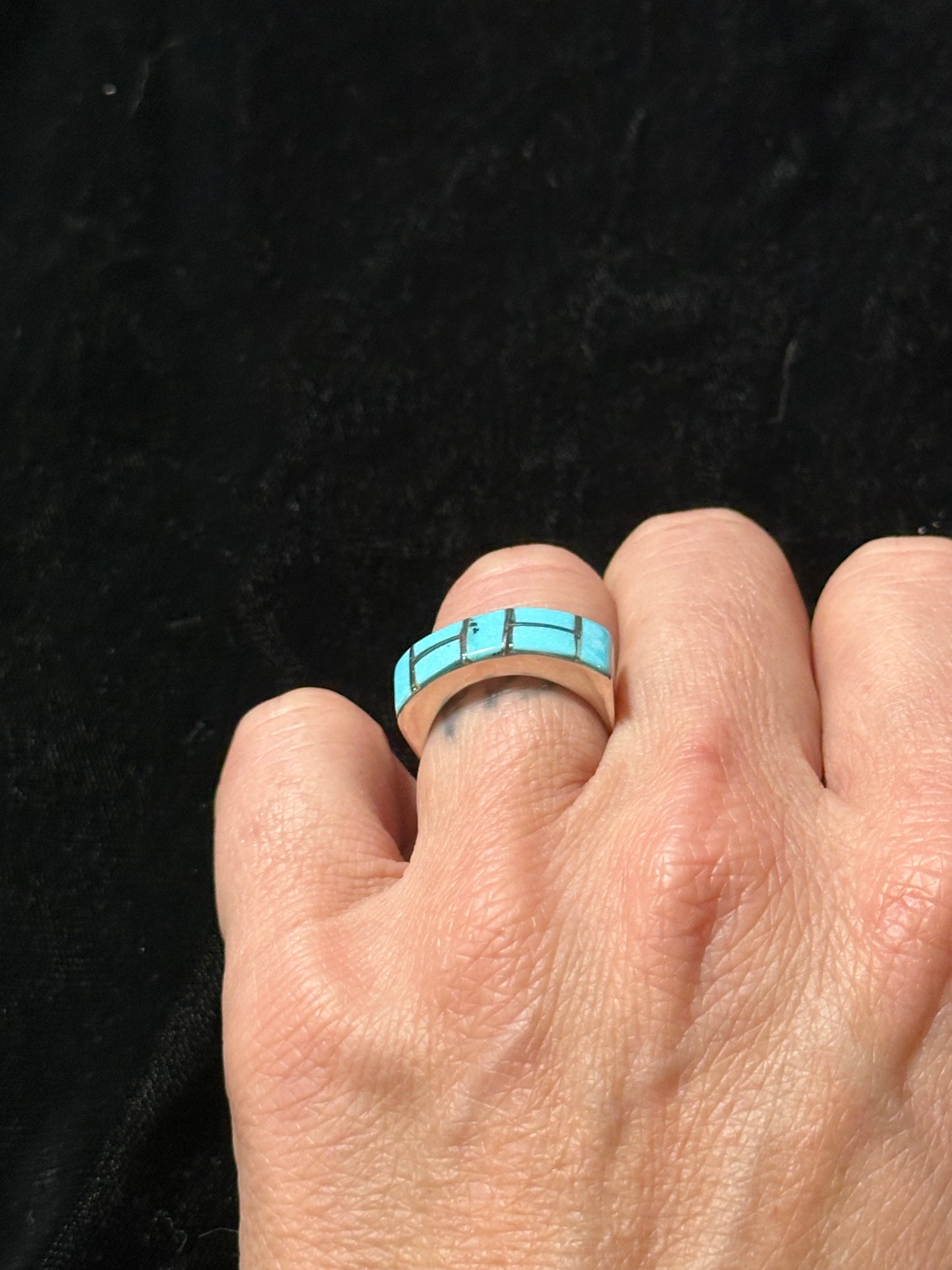 Sleeping Beauty Turquoise Inlay Ring by Verna Kanesta, Zuni