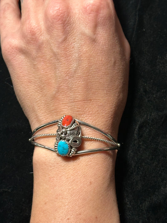 Red Coral and Sleeping Beauty Turquoise Cuff Bracelet by Max Calladitto, Navajo