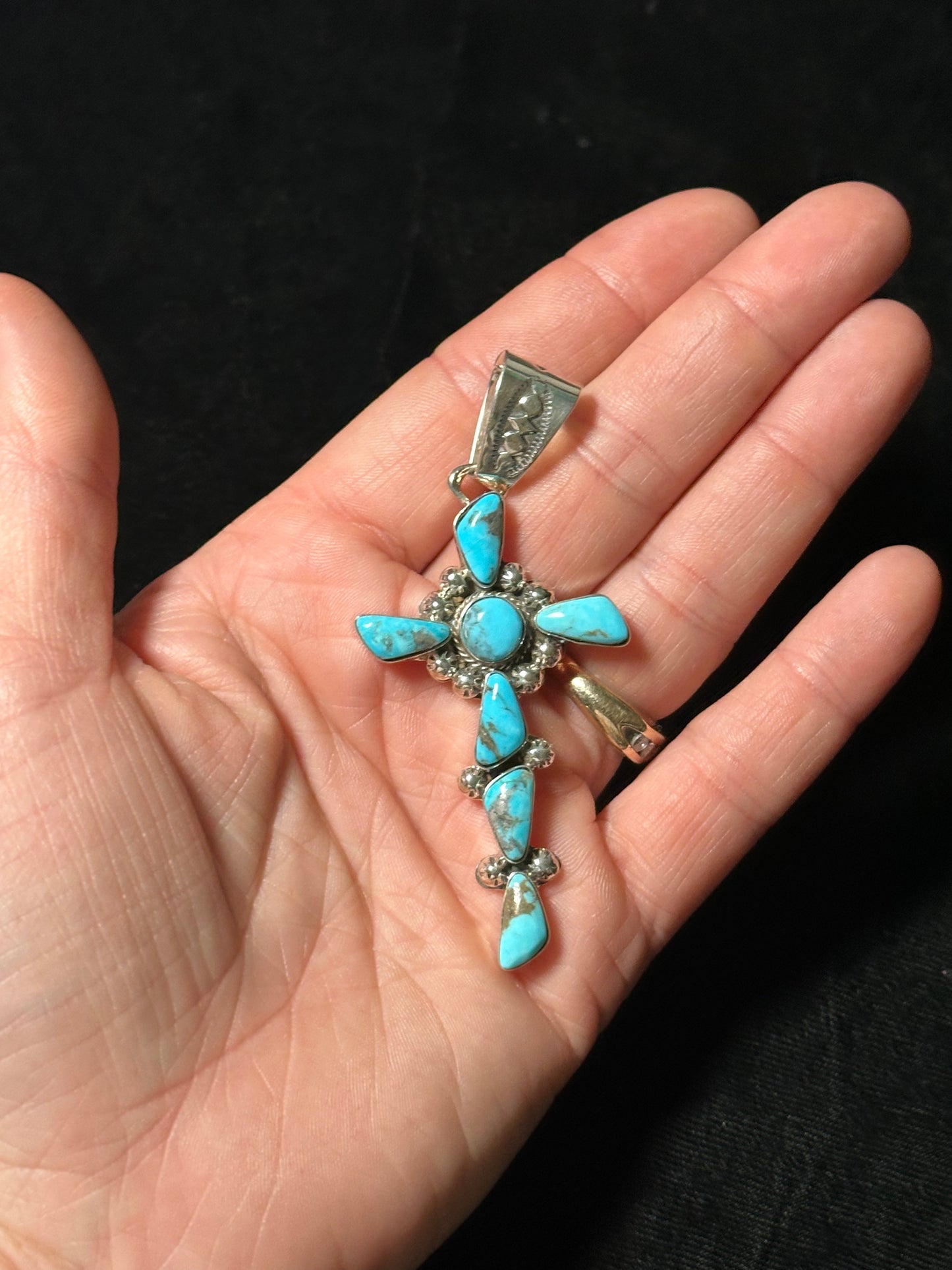 Kingman Turquoise Cross Pendant with a 7mm Bale by Sheena Jack, Navajo