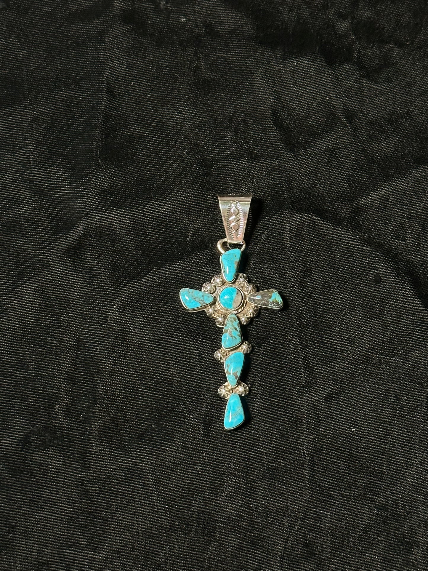 Kingman Turquoise Cross Pendant with a 7mm Bale by Sheena Jack, Navajo