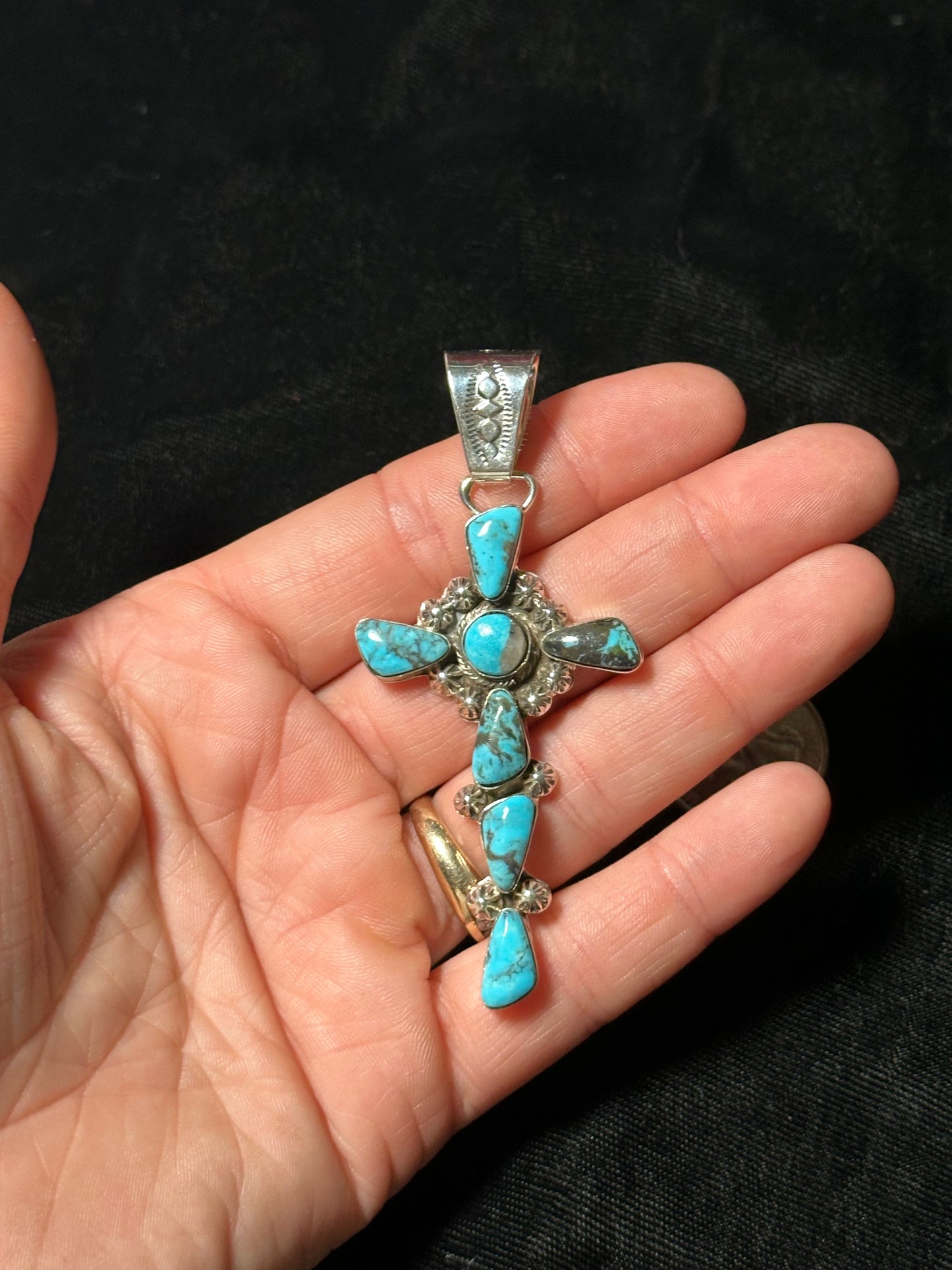 Kingman Turquoise Cross Pendant with a 7mm Bale by Sheena Jack, Navajo