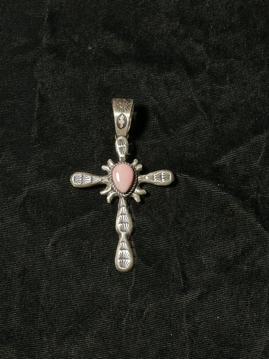 Cross Pendant with Pink Conch Shell Stone by Richard Yazzie, Navajo