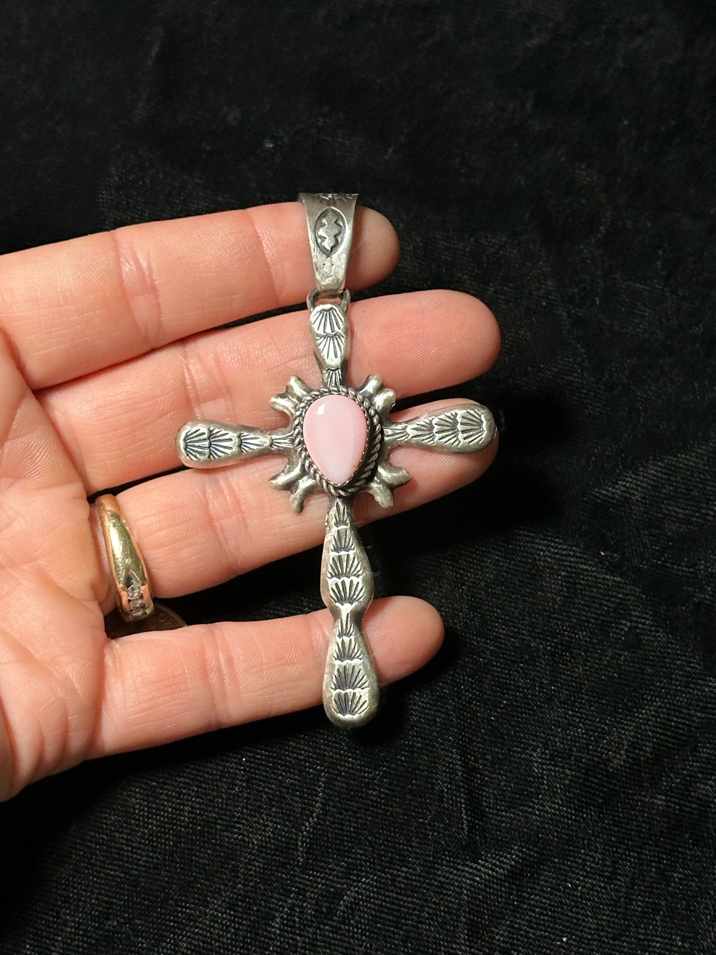 Cross Pendant with Pink Conch Shell Stone by Richard Yazzie, Navajo