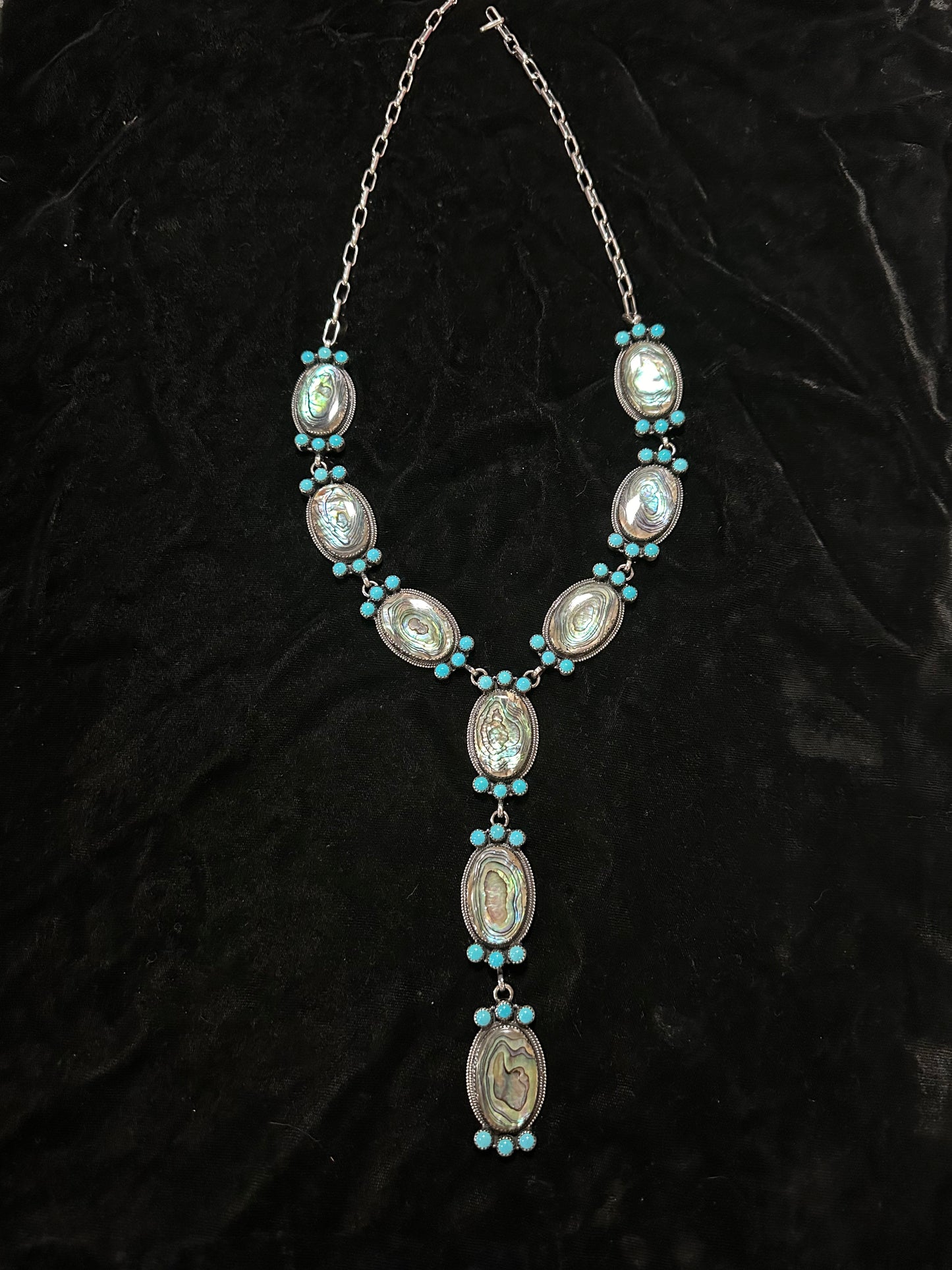 28"+6" Abalone Sheu and Sleeping Beauty Turquoise Lariat Necklace