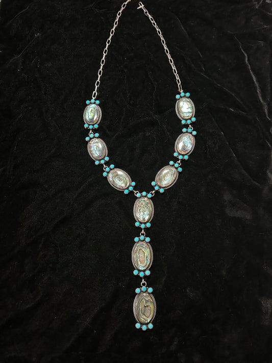 28"+6" Abalone Sheu and Sleeping Beauty Turquoise Lariat Necklace