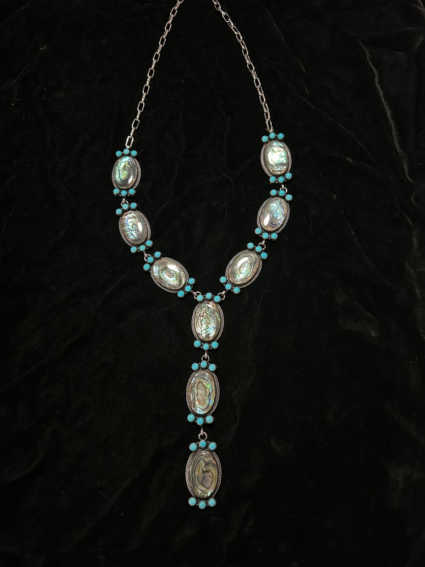28"+6" Abalone Sheu and Sleeping Beauty Turquoise Lariat Necklace