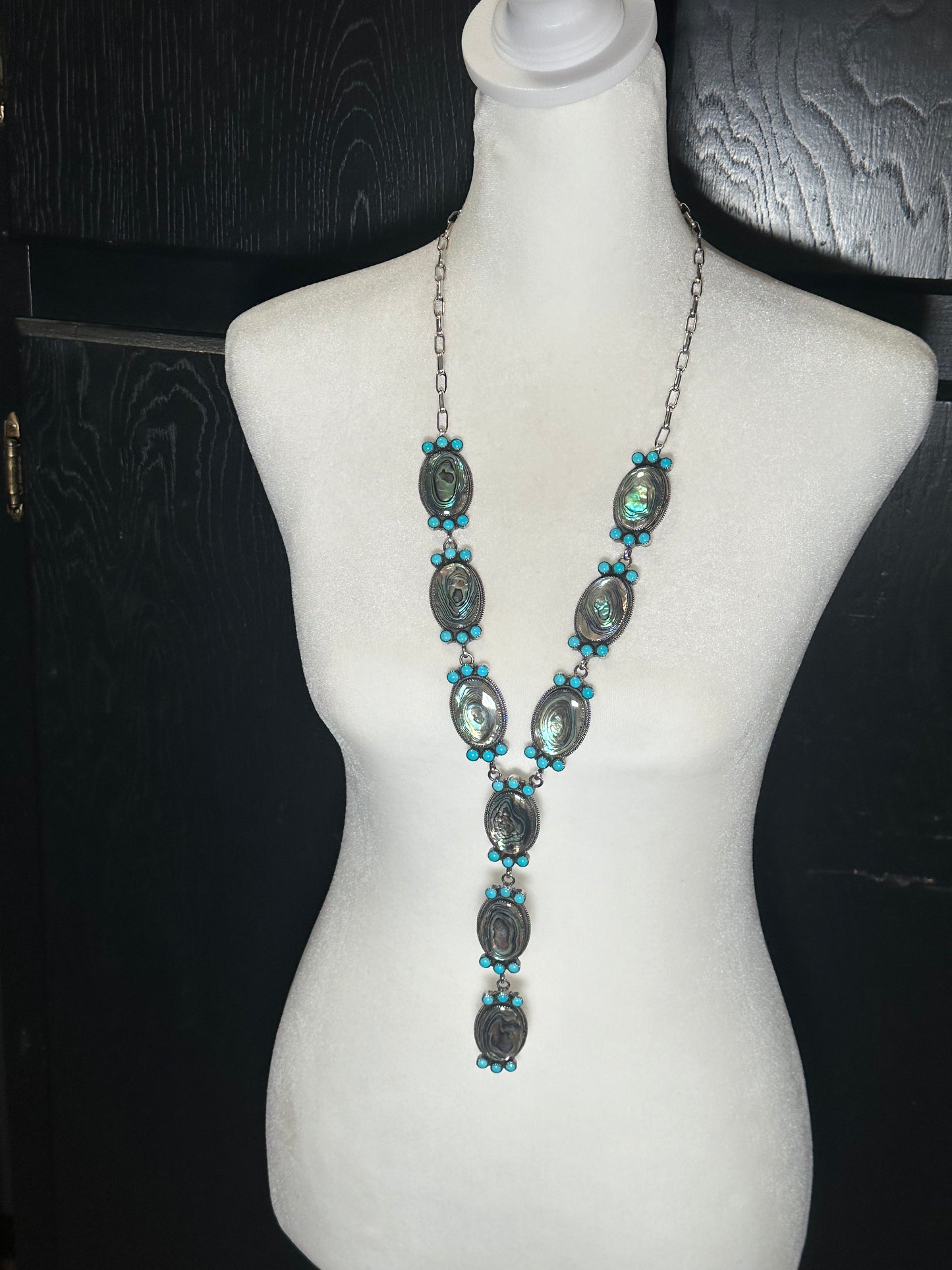 28"+6" Abalone Sheu and Sleeping Beauty Turquoise Lariat Necklace