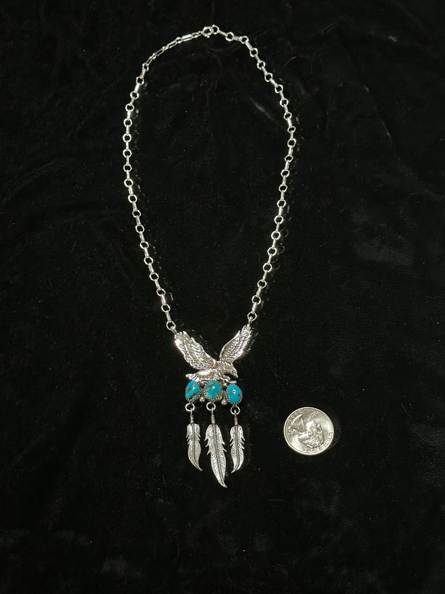 Eagle with Kingman Turquoise and Feathers on an 18" Chain by Henry Attakal, Navajo