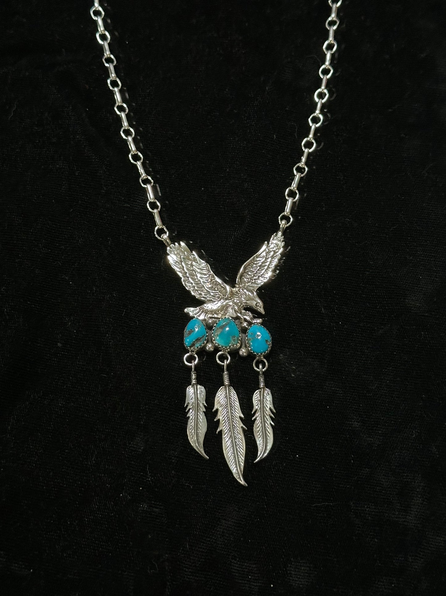 Eagle with Kingman Turquoise and Feathers on an 18" Chain by Henry Attakal, Navajo