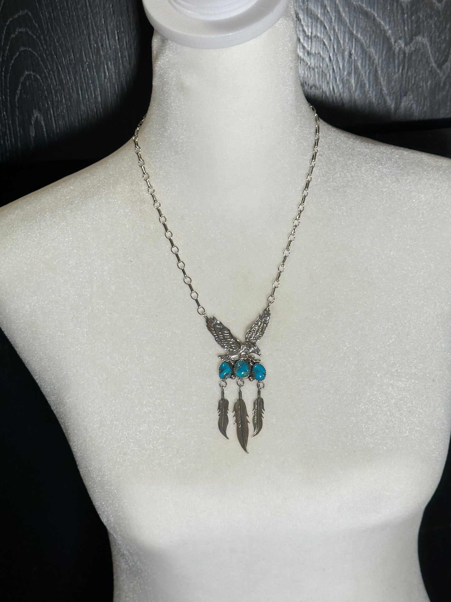Eagle with Kingman Turquoise and Feathers on an 18" Chain by Henry Attakal, Navajo