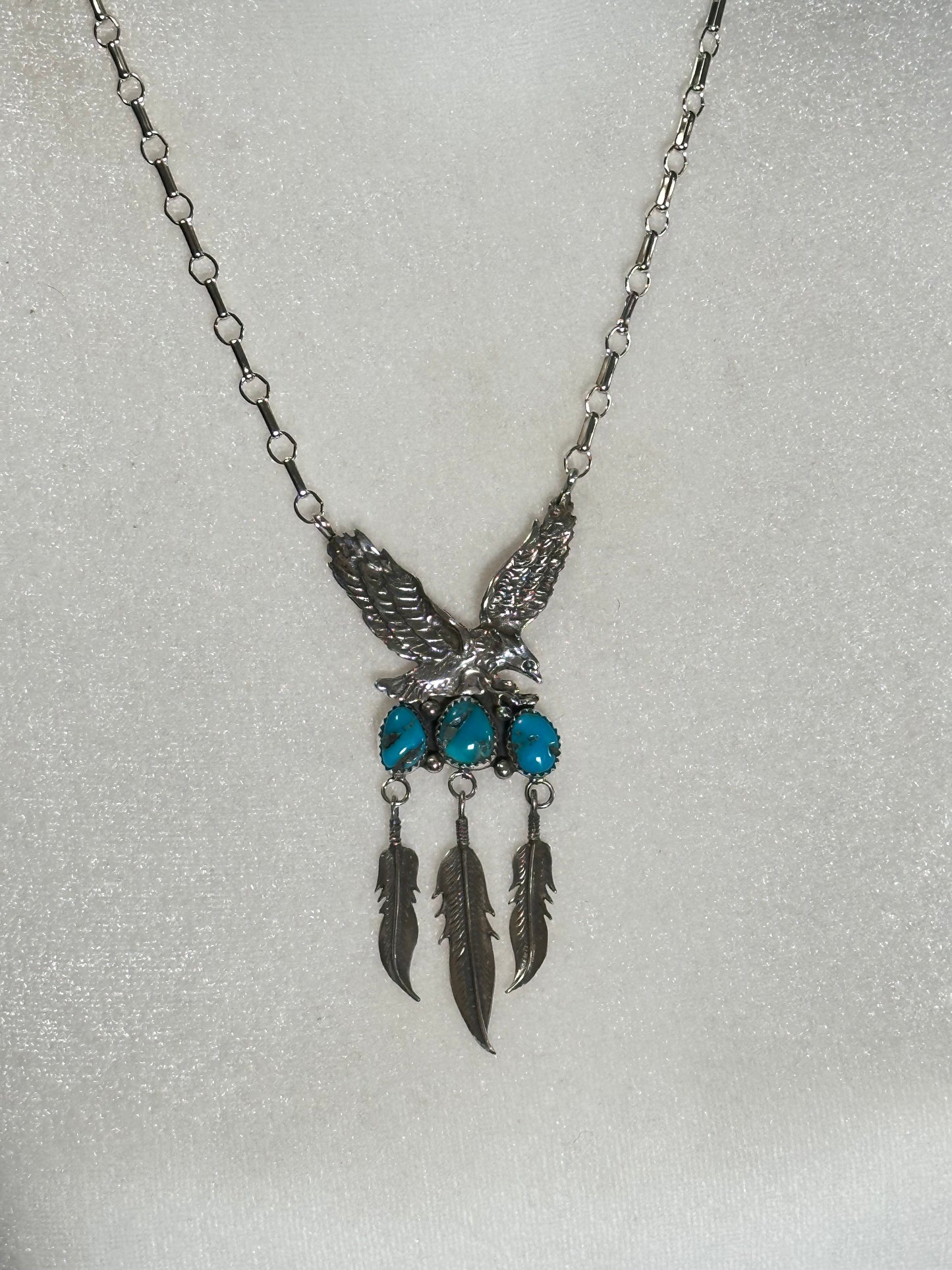 Eagle with Kingman Turquoise and Feathers on an 18" Chain by Henry Attakal, Navajo