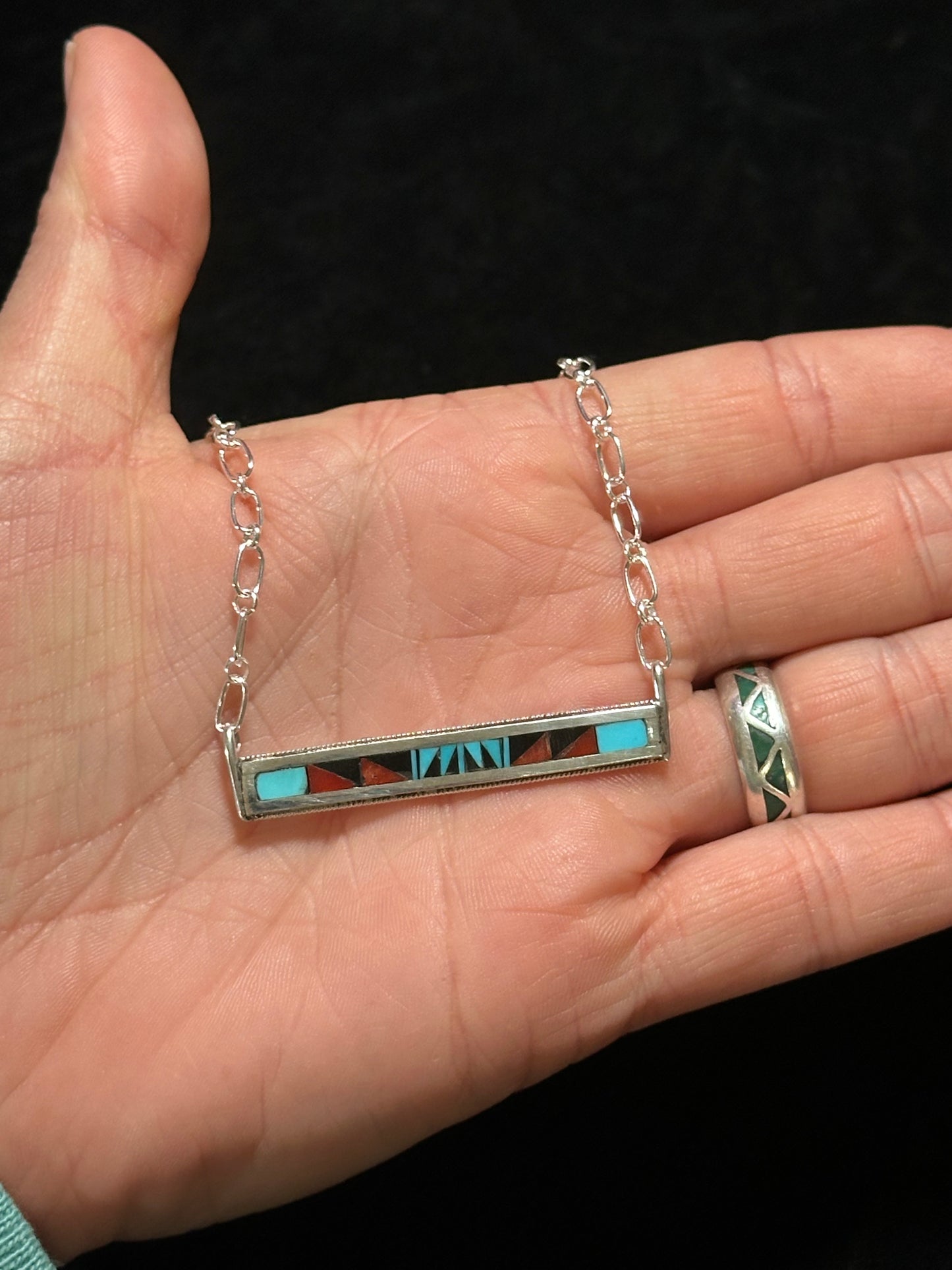 Sleeping Beauty Turquoise, Black Onyx, and Coral Inlay Bar Necklace by Phil and Rachel Weahkee, Zuni