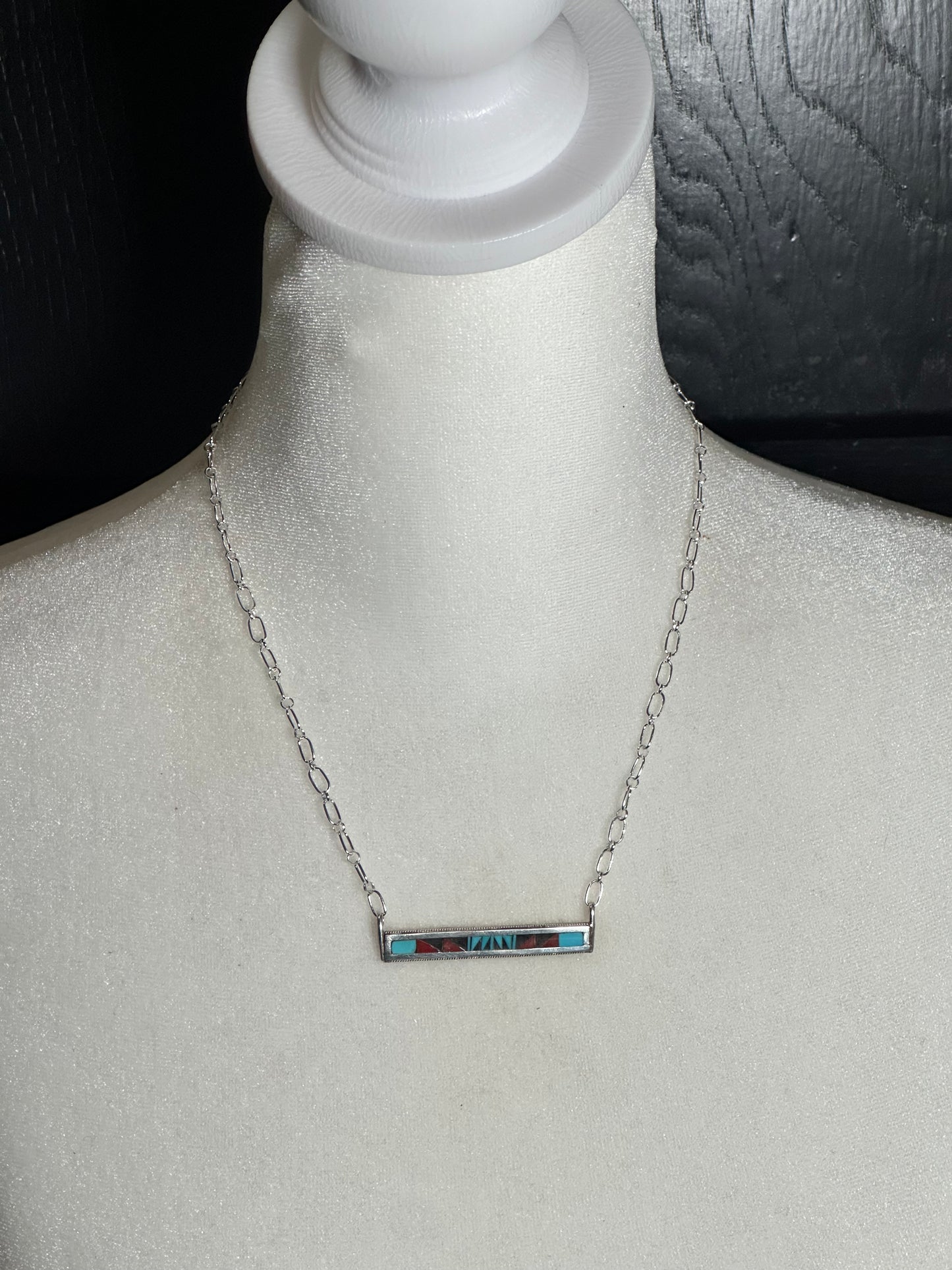 Sleeping Beauty Turquoise, Black Onyx, and Coral Inlay Bar Necklace by Phil and Rachel Weahkee, Zuni