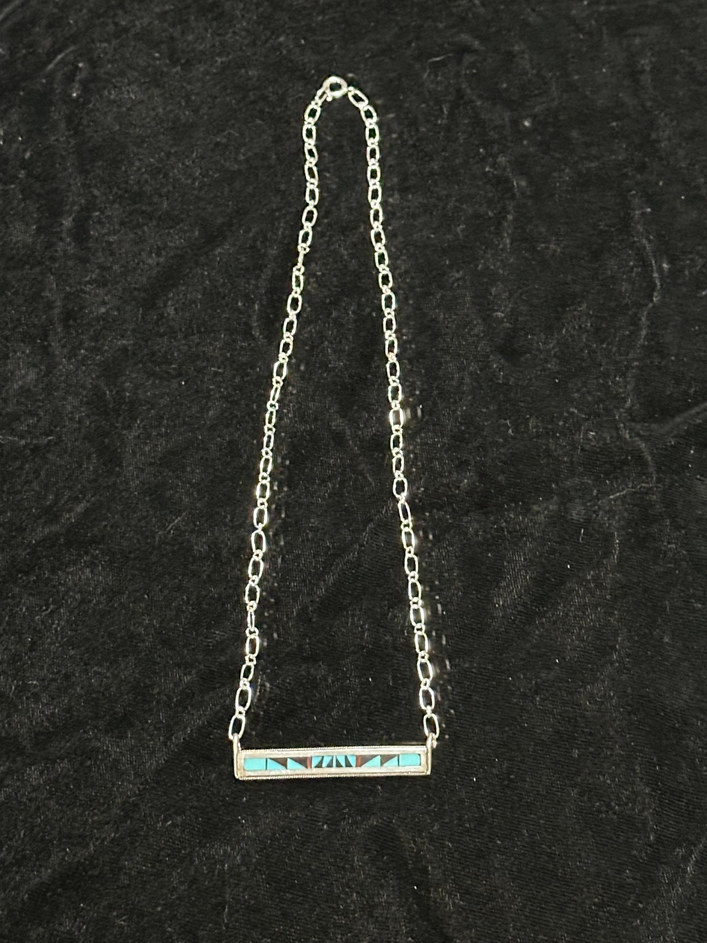 Sleeping Beauty Turquoise, Black Onyx, and Coral Inlay Bar Necklace by Phil and Rachel Weahkee, Zuni