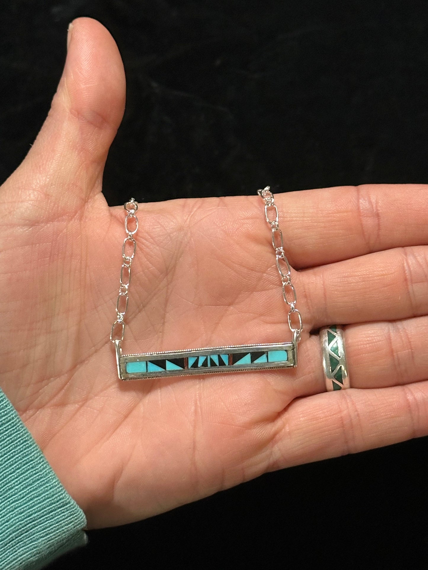 Sleeping Beauty Turquoise, Black Onyx, and Coral Inlay Bar Necklace by Phil and Rachel Weahkee, Zuni