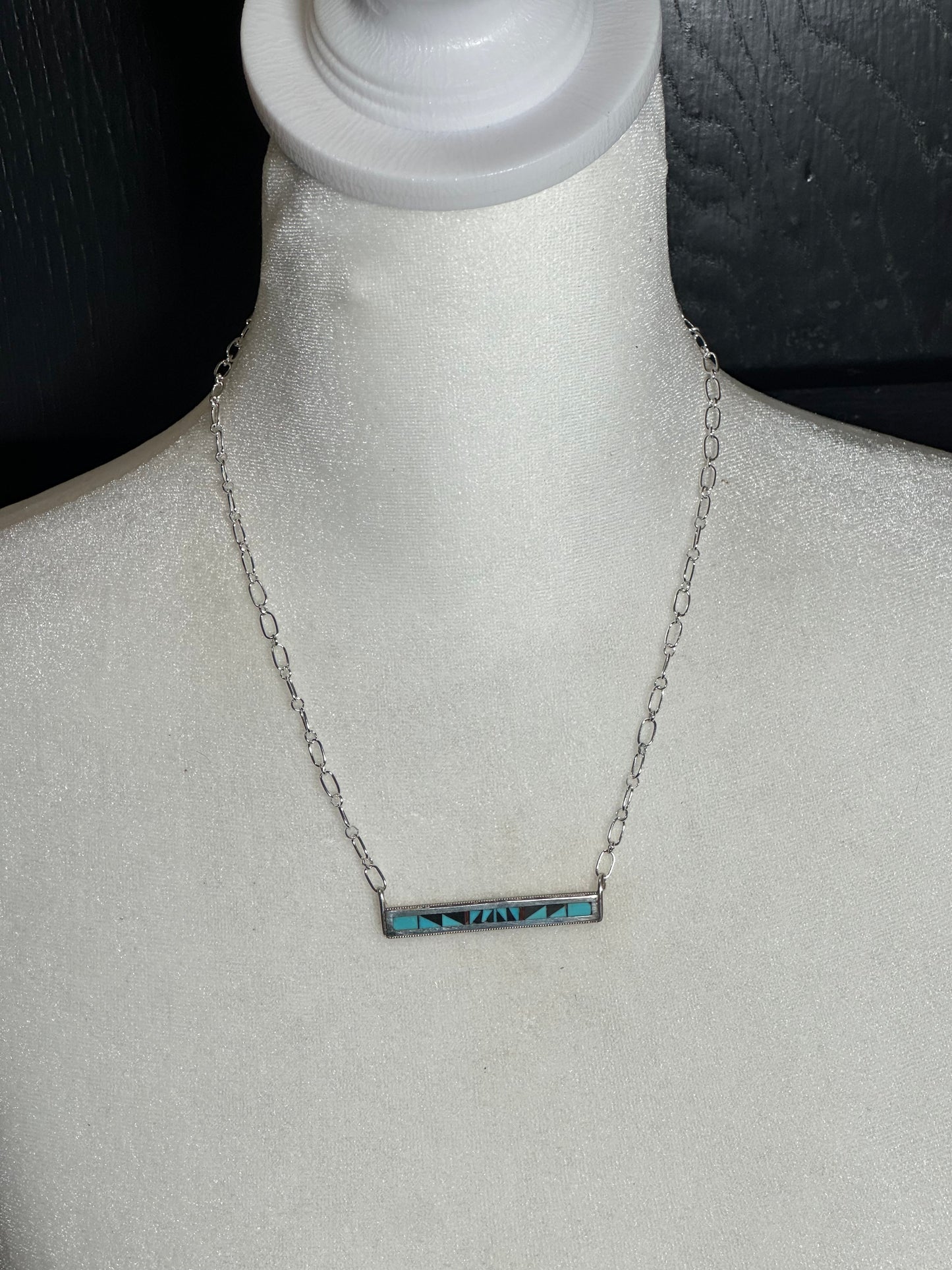 Sleeping Beauty Turquoise, Black Onyx, and Coral Inlay Bar Necklace by Phil and Rachel Weahkee, Zuni