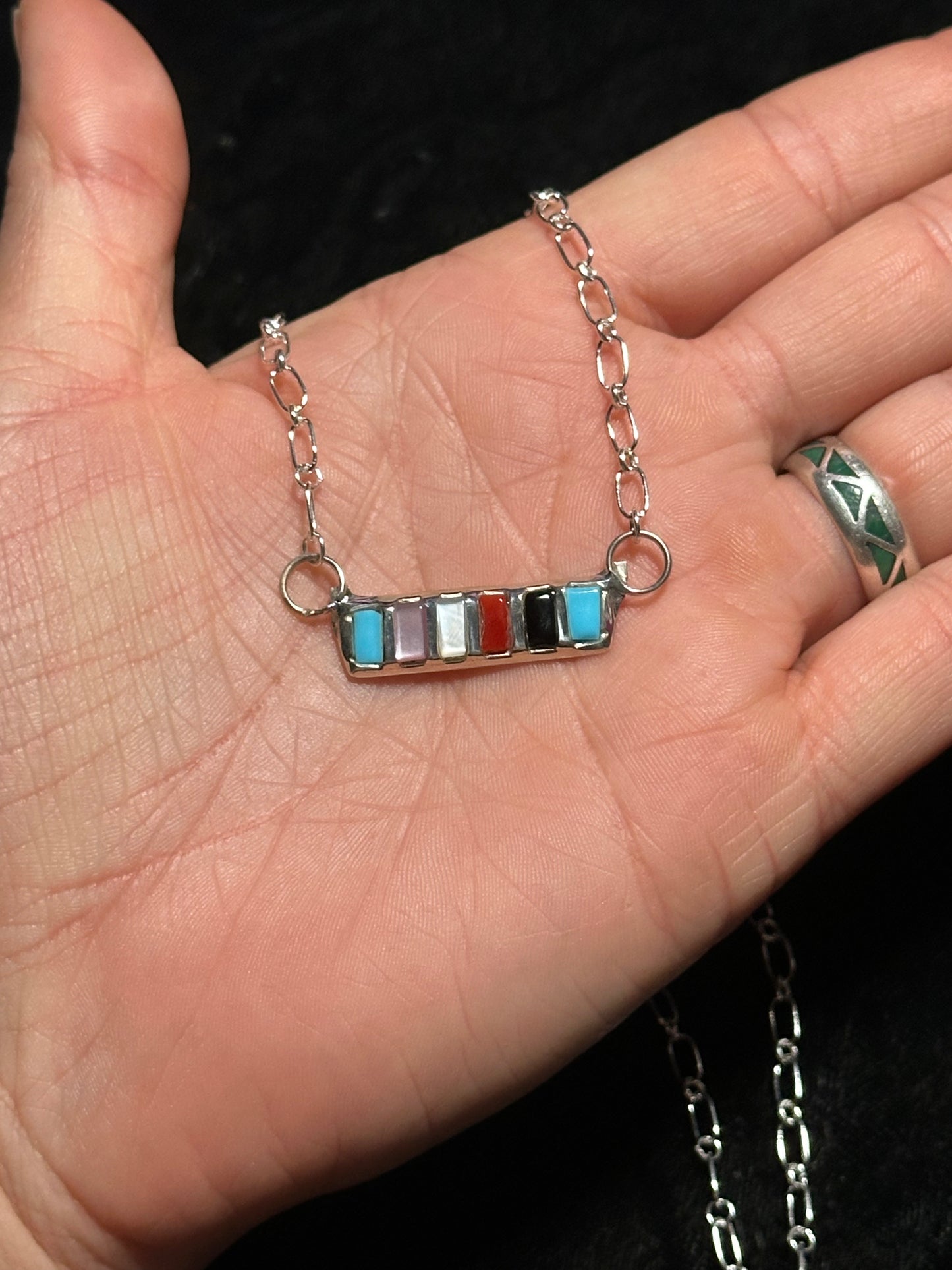 Multi Stone Inlay Bar Necklace by Glennetta Luna, Zuni