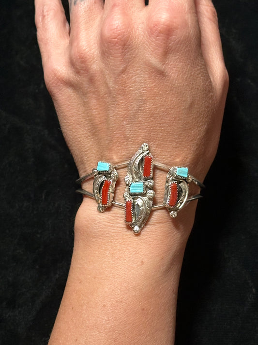 6 1/4"- 7 1/4" Cuff with Coral and Turquoise Stones by Amy Locaspino, Zuni