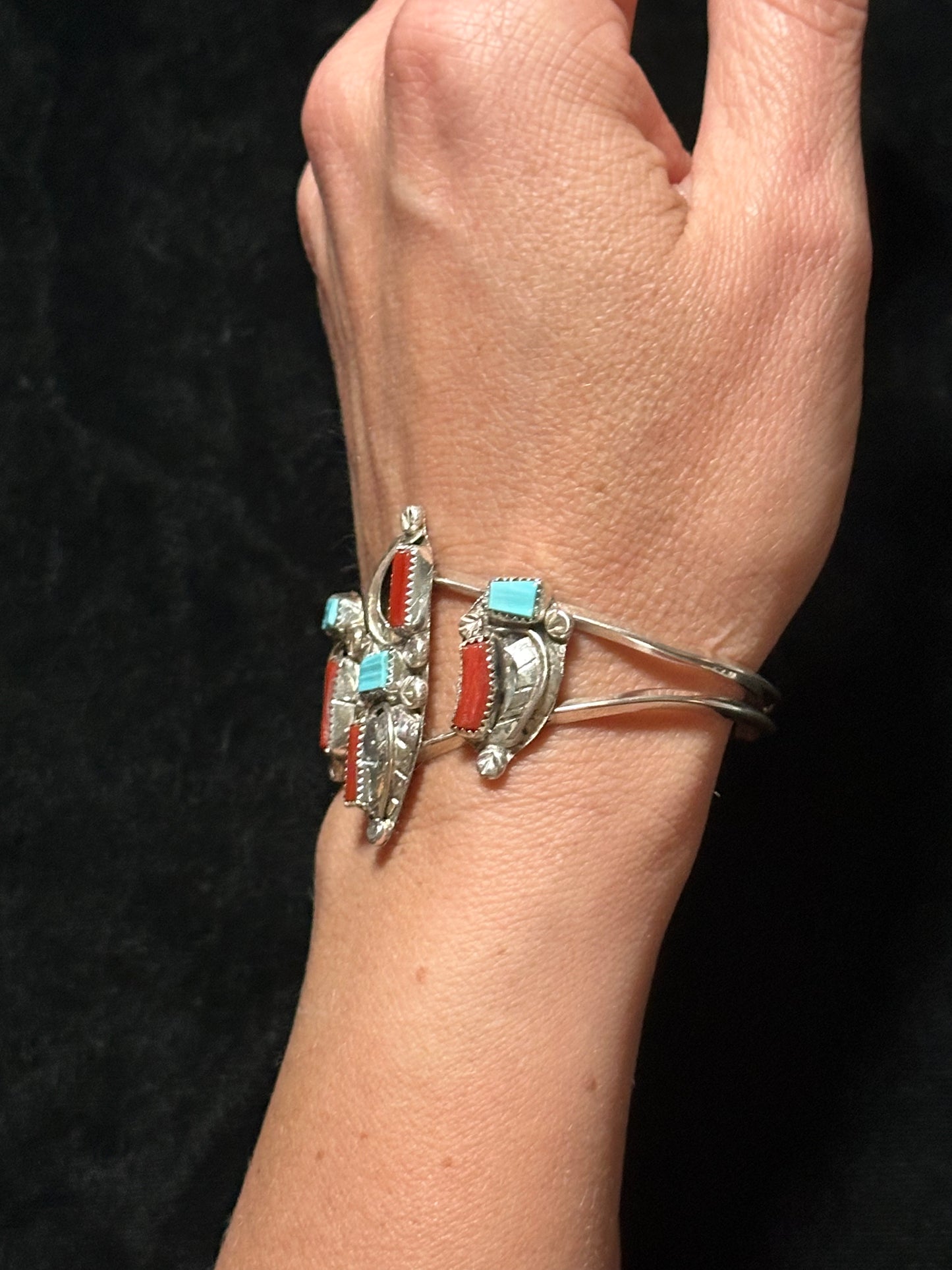6 1/4"- 7 1/4" Cuff with Coral and Turquoise Stones by Amy Locaspino, Zuni