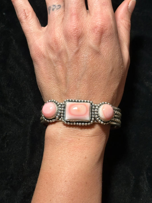 7 1/4” Pink Conch Shell Heavy Silver Cuff Bracelet by Tim Yazzie, Navajo