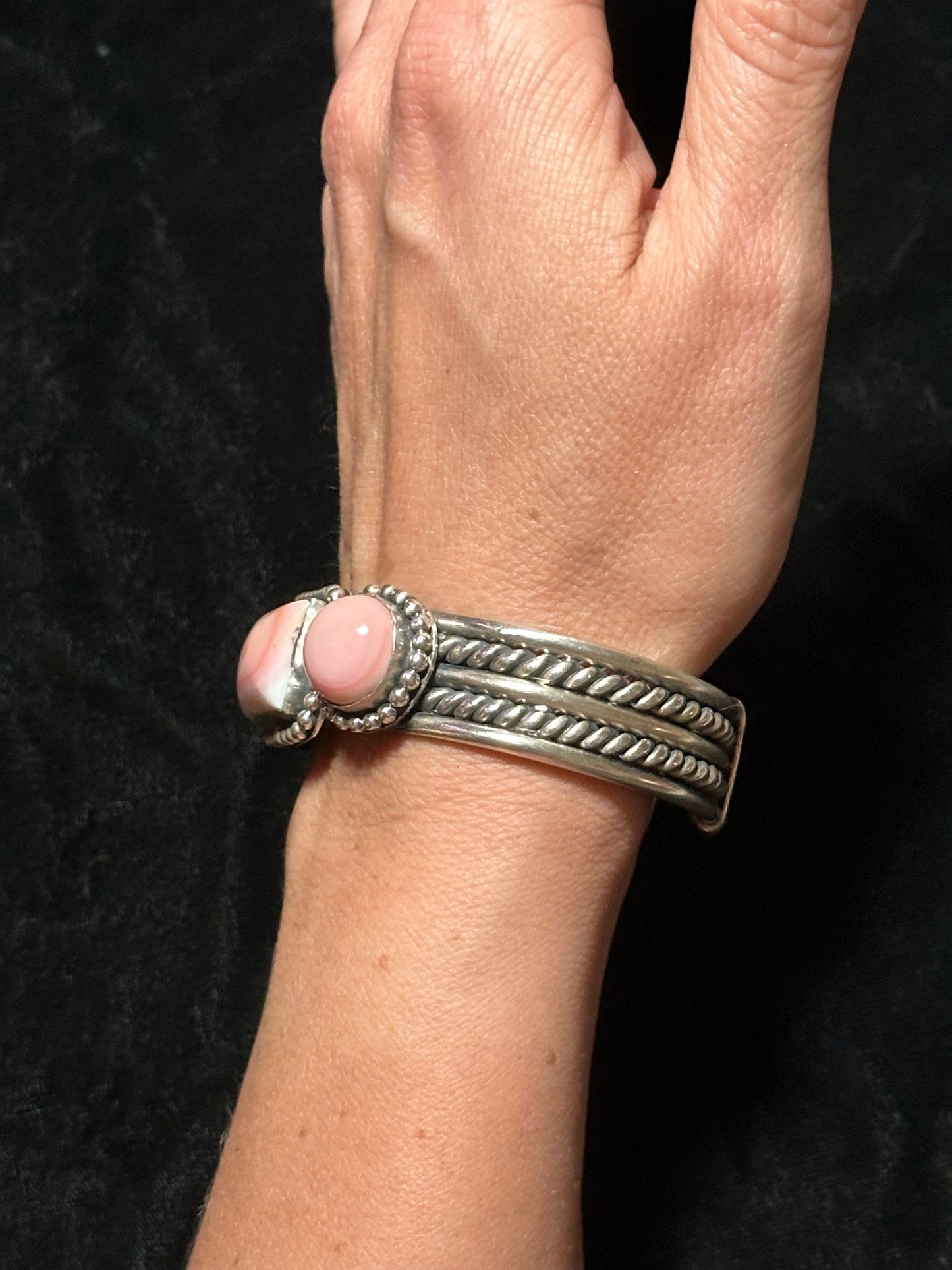 7 1/4” Pink Conch Shell Heavy Silver Cuff Bracelet by Tim Yazzie, Navajo