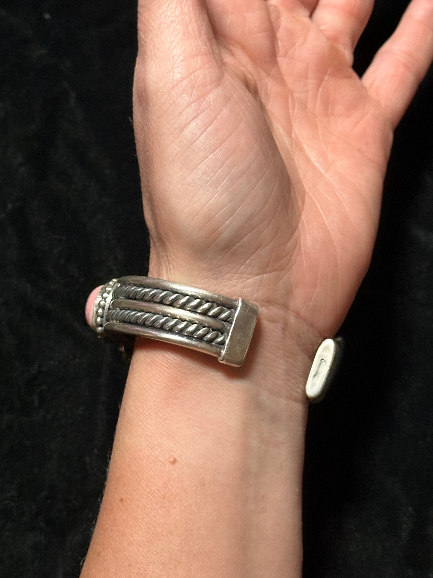 7 1/4” Pink Conch Shell Heavy Silver Cuff Bracelet by Tim Yazzie, Navajo