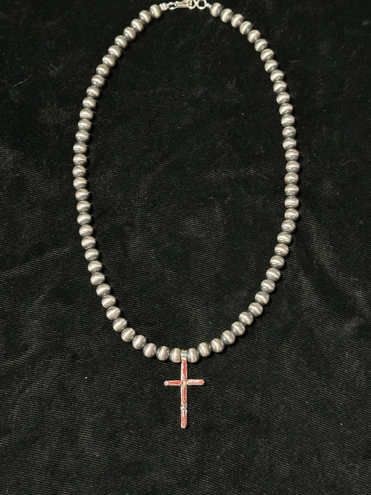 16" 6mm Navajo Pearls with Coral Cross Pendant by Lucinda Sardo, Navajo