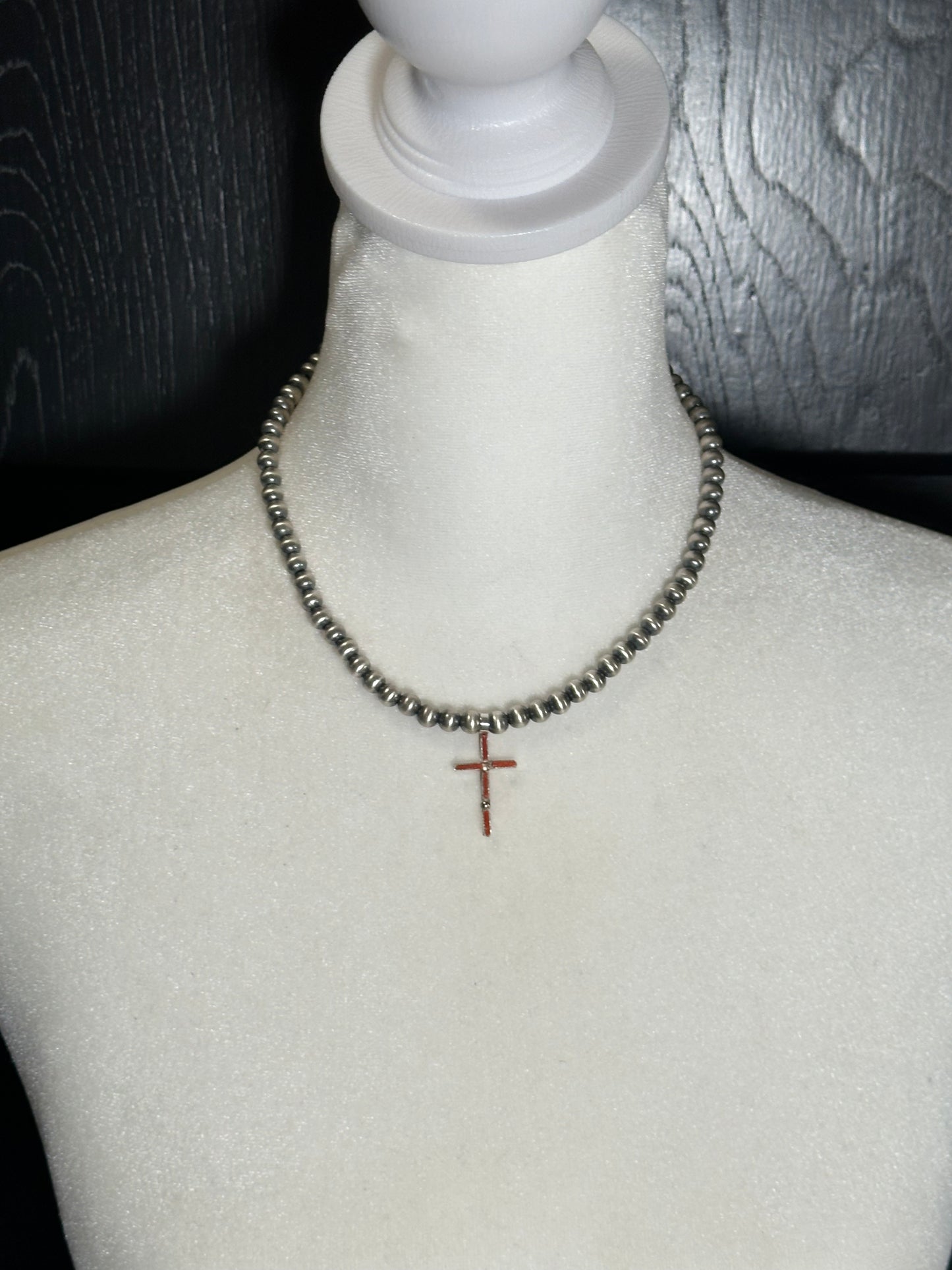 16" 6mm Navajo Pearls with Coral Cross Pendant by Lucinda Sardo, Navajo