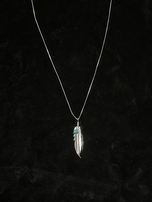 20" Necklace with Feather and Turquoise Stone by Louise Joe, Navajo