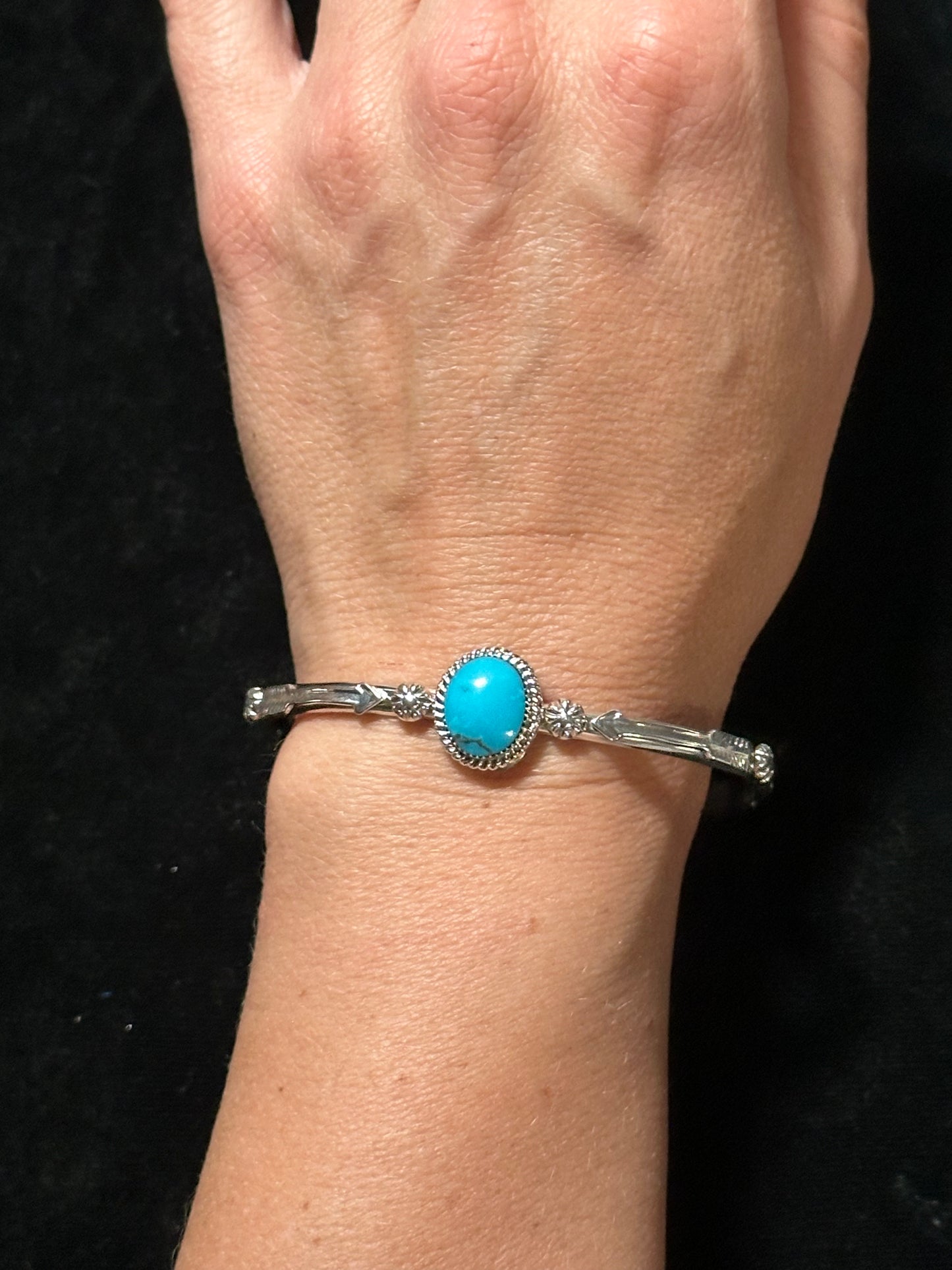6 1/4”-7 1/2” Turquoise Arrow Cuff Bracelet by Marie Jones, Navajo