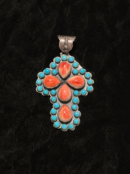 Spiny Oyster and Sleeping Beauty Turquoise Pendant by Ned Nez, Navajo