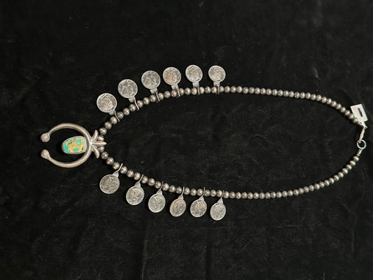 24" 7mm Royston Turquoise and Antique Sterling Silver Dime Necklace by F. Begay, Navajo