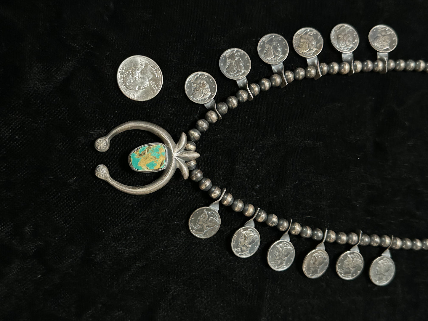 24" 7mm Royston Turquoise and Antique Sterling Silver Dime Necklace by F. Begay, Navajo