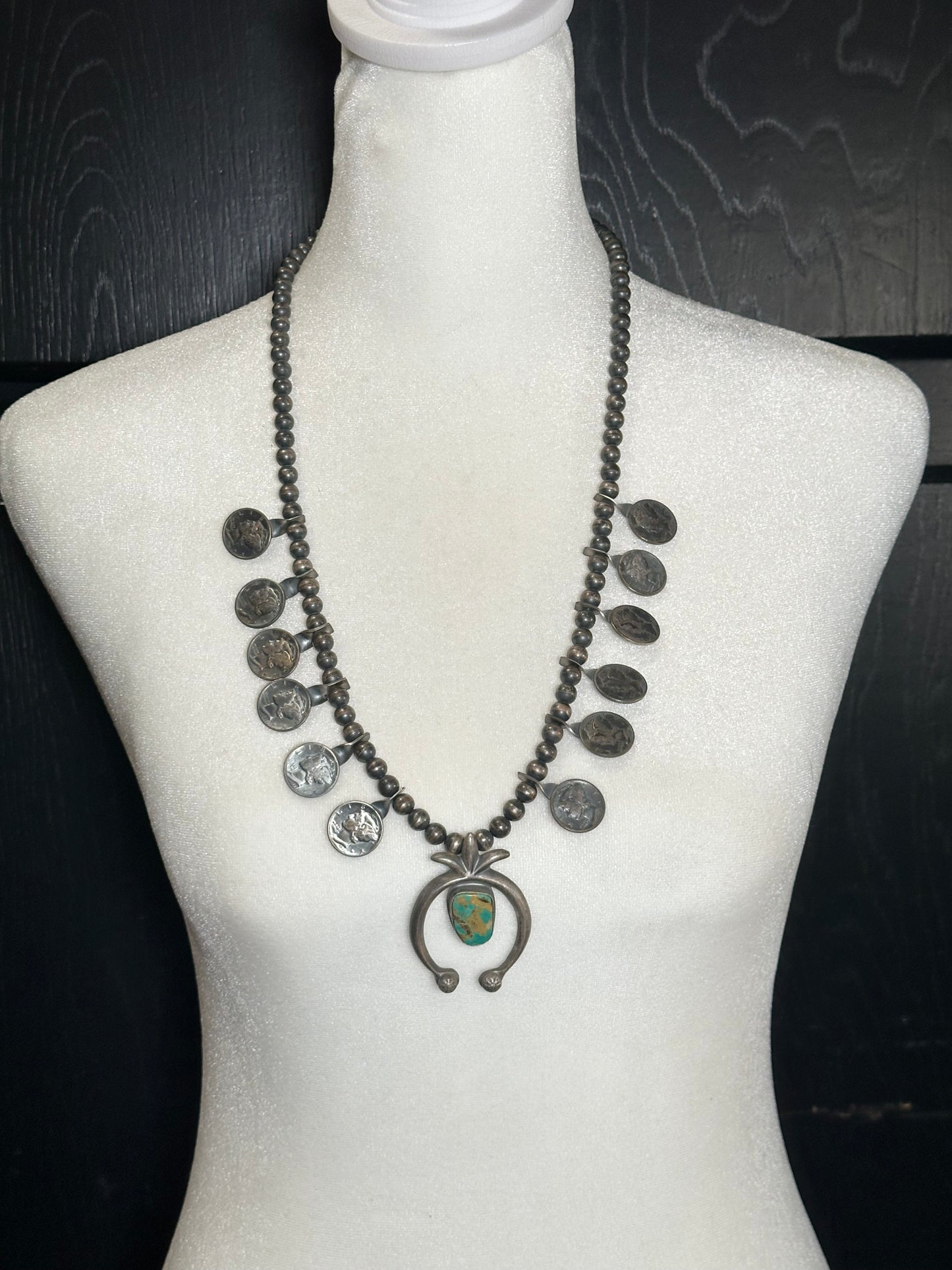 24" 7mm Royston Turquoise and Antique Sterling Silver Dime Necklace by F. Begay, Navajo