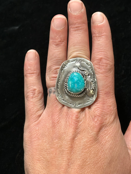 Sterling Silver and White Water Turquoise Cowboy Hat Ring by Tim Yazzie, Navajo