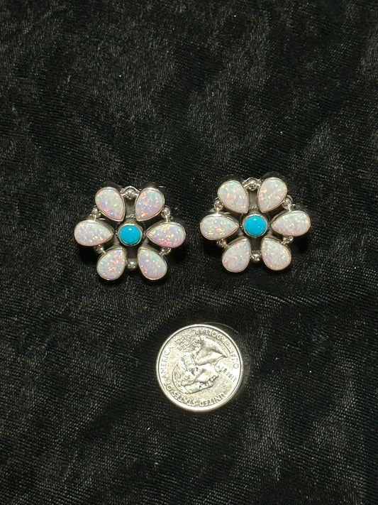 White Opal and Sleeping Beauty Turquoise Flower Post Earrings