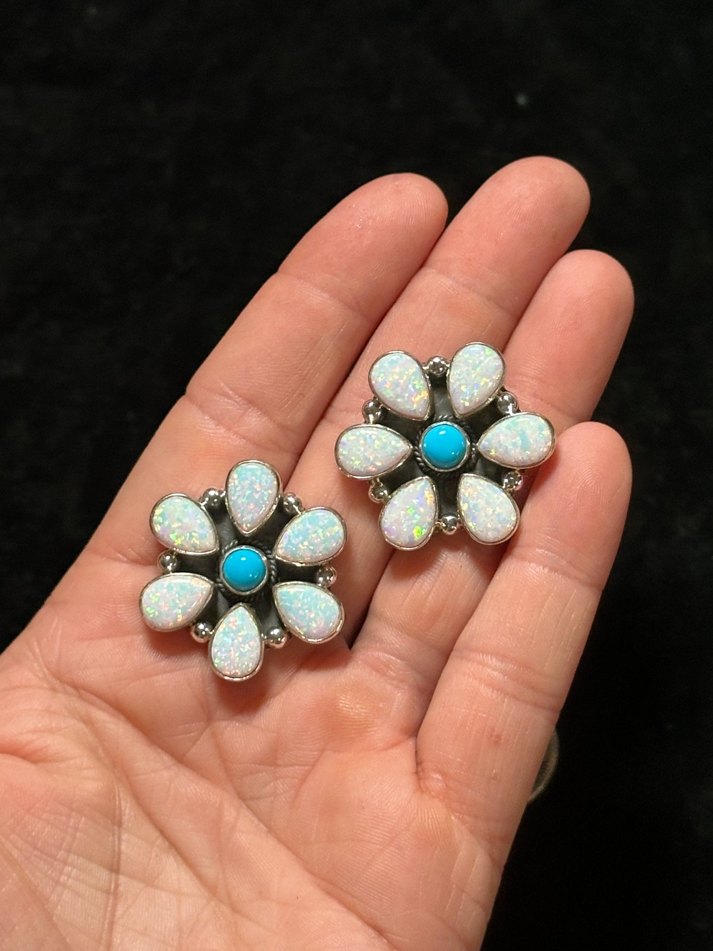 White Opal and Sleeping Beauty Turquoise Flower Post Earrings