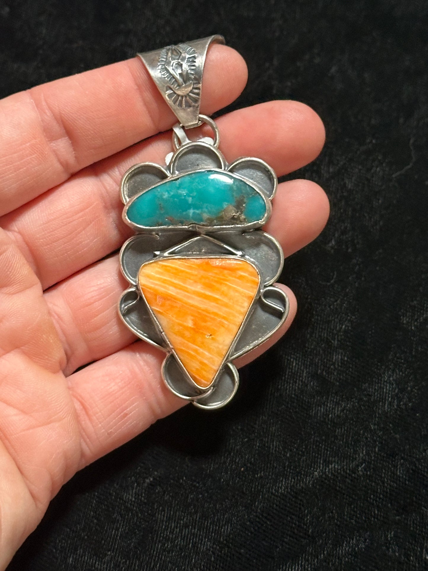 Orange Spiny and Turquoise Pendant with a 15mm Bale by T. Nez, Navajo