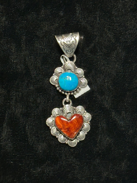 Turquoise and Spiny Oyster Heart Pendant with a 9mm by Ned Nez