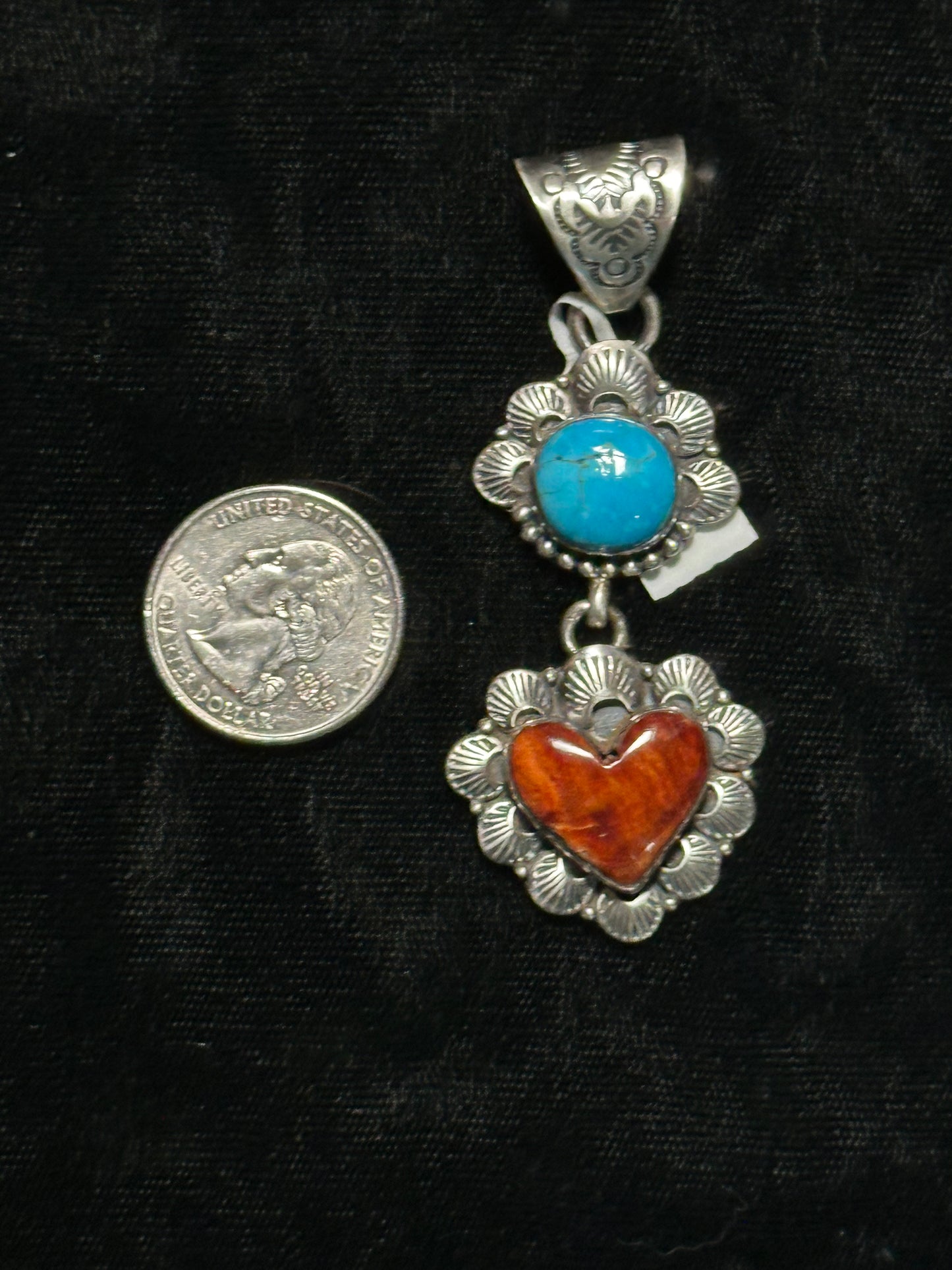 Turquoise and Spiny Oyster Heart Pendant with a 9mm by Ned Nez