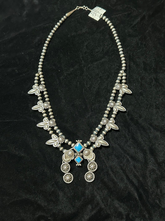 Unique Sterling Silver and Kingman Turquoise Squash Blossom by Quincy Yazzie, Navajo