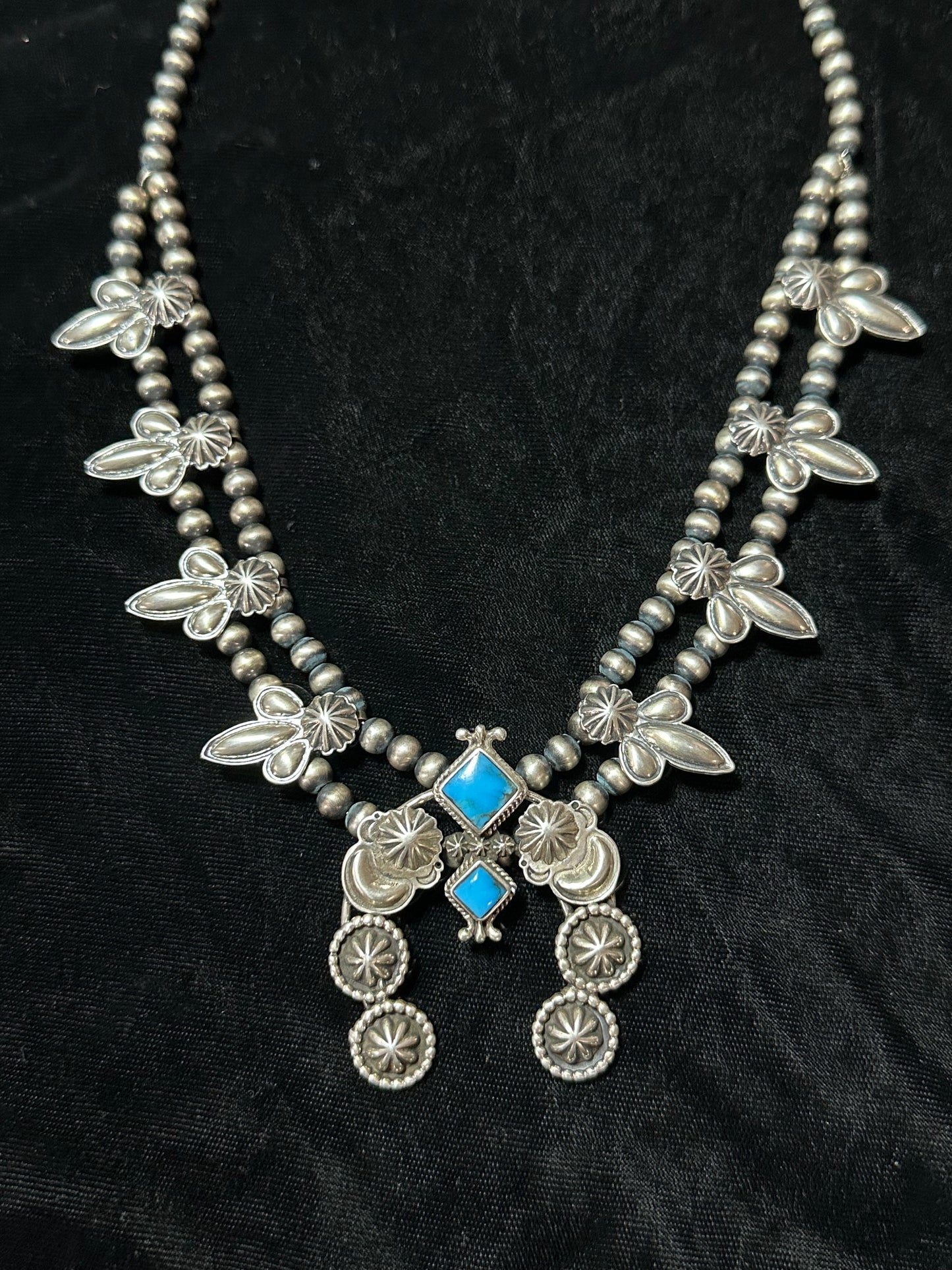 Unique Sterling Silver and Kingman Turquoise Squash Blossom by Quincy Yazzie, Navajo