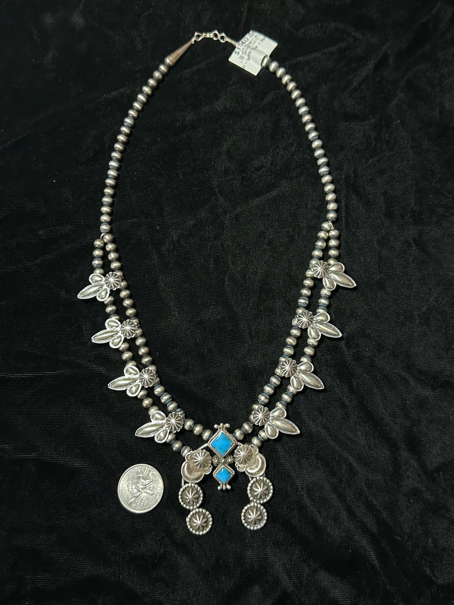 Unique Sterling Silver and Kingman Turquoise Squash Blossom by Quincy Yazzie, Navajo