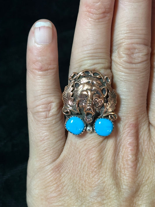 Copper Grizzly Bear Ring with 2 Turquoise Stones by Running Bear