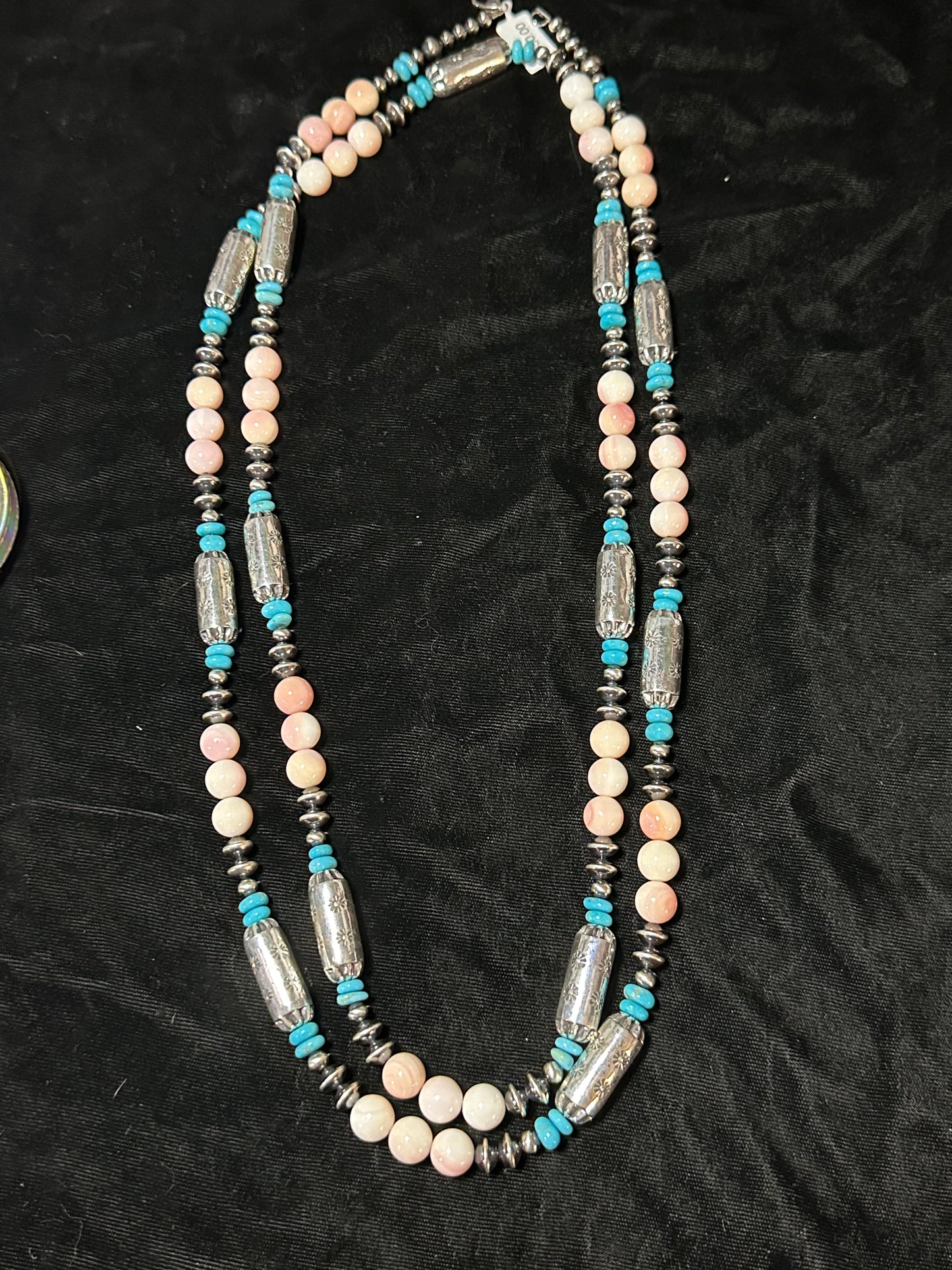 60" Stamped Barrel Beads, Pink Conch Shell Beads, Navajo Style Saucers, and Sleeping Beauty Turquoise Beads